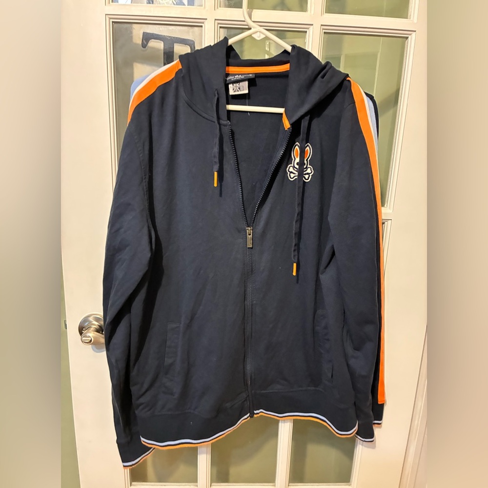 Psycho Bunny New York Navy Zip-Up Hoodie with Orange blue & White Stripe Accents